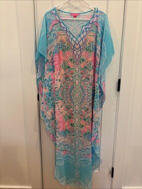 Lilly Pulitzer Turquoise Pink Floral Print Maxi Caftan